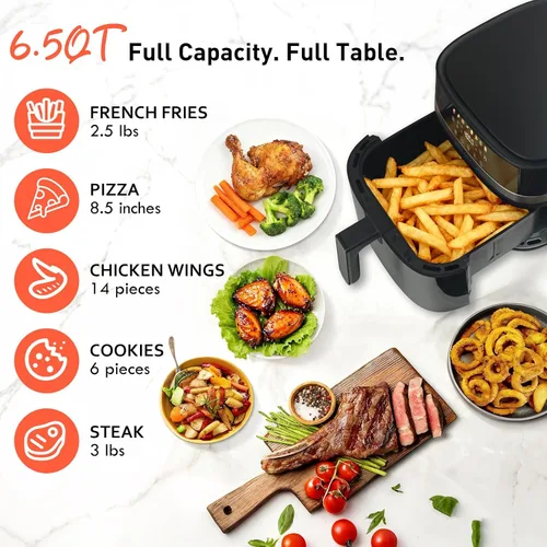 Vista 4 de Freidora de Aire 6.5 QT, 8 en 1 con Ventana Visible, Pantalla LED, Control de Temperatura Preciso de 400℉, Recordatorio de Agitación e Indicador