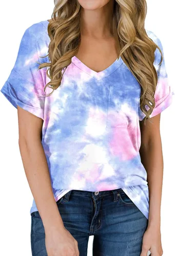Vista 25 de Miholl Camiseta holgada, informal, de manga corta, con cuello en V, para mujer Blanco (02 White)