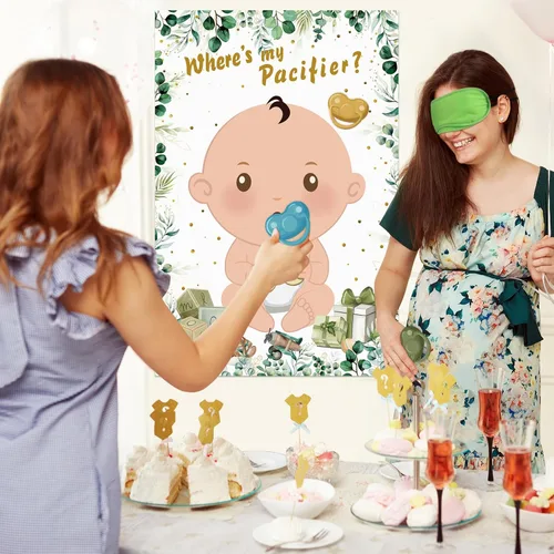 Vista 9 de Hxezoc Juegos de baby shower Pin The Chupete en el juego del bebé con 36 calcomanías para chupete, juegos de póster de bebé verde grande para fiesta