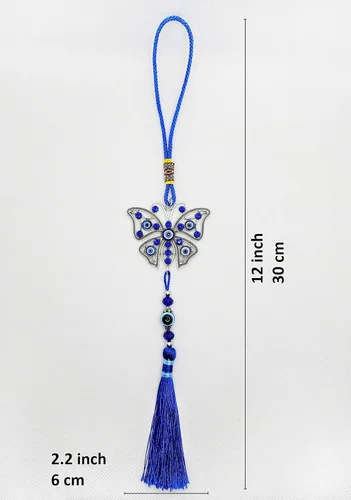 Vista 2 de LUCKBOOSTIUM Dijes de mariposa con diseño de ojo turco central en piedra de cristal azul con borlas para buena suerte, protección y bienestar