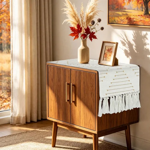 Vista 7 de Camino de mesa de otoño con borlas, camino de mesa tejido bohemio color crema para decoración de otoño de Acción de Gracias, camino de mesa auxiliar