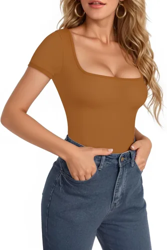 Vista 99 de MANGOPOP - Body de manga corta con cuello cuadrado para mujer