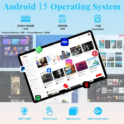 Vista 3 de Tablet de 11 pulgadas, tabletas Android 15 2025 con Octa Core, 24GB+256GB, cámara de 13+5MP, tabletas electrónicas con Widevine L1, batería