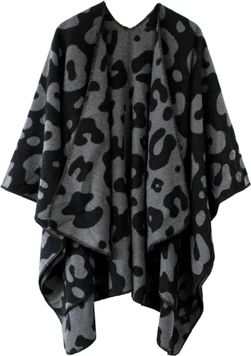 Vista 12 de Chal estilo poncho de frente abierta con patrón vintage para mujer, abrigo de invierno Serie 15-negro