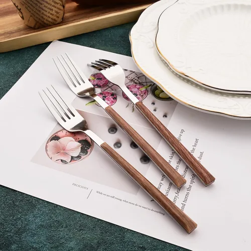 Vista 7 de Juego de cubiertos con cuchillos para carne, 48 piezas, juego de cubiertos para 8 cubiertos de acero inoxidable con mango de grano de madera