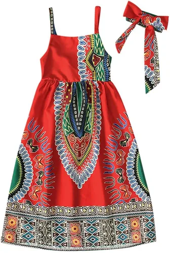 Vista 2 de WOCACHI Vestido largo de verano para niñas pequeñas Dashiki africanas, estilo étnico bohemio con estampado digital, Niñas