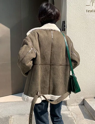 Vista 7 de DBM - Chaqueta de piel de cordero para mujer con cremallera en contraste