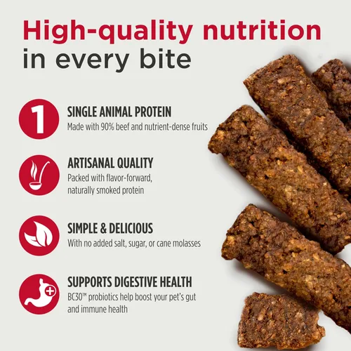 Vista 3 de Nulo Premium Jerky Strips - Golosinas para perros, tiras de cecina con alto contenido de proteínas sin granos hechas con probiótico BC30 para apoyar