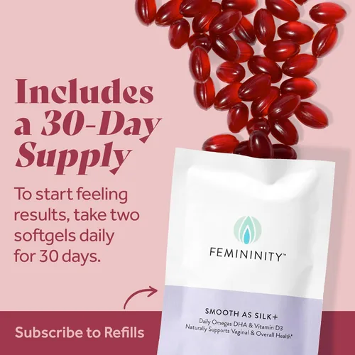 Vista 5 de Femininity Suave como la seda + recarga de 30 días para la sequedad vaginal (60 cápsulas blandas) – Mezcla de aceite de espino amarillo, vitamina D3