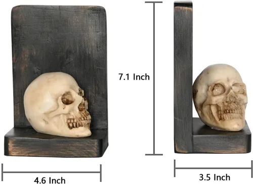 Vista 5 de OwlGift Sujetalibros decorativos de calavera de Halloween, sujetalibros resistentes para estantes, extremos de libro de calavera para libros