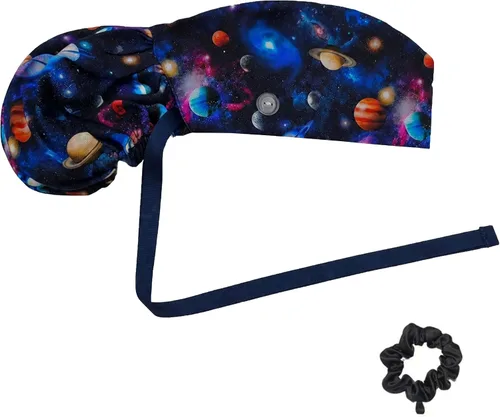 Vista 21 de Gorra médica con interior sedoso, gorro de algodón con banda para el sudor y botones, cola de caballo ajustable