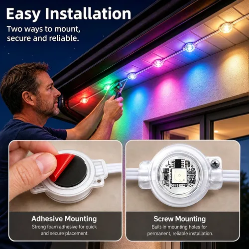 Vista 4 de Luces permanentes para exteriores para casa de 50 pies RGB+IC luces de alero inteligente, IP67 impermeables, luces LED para exteriores