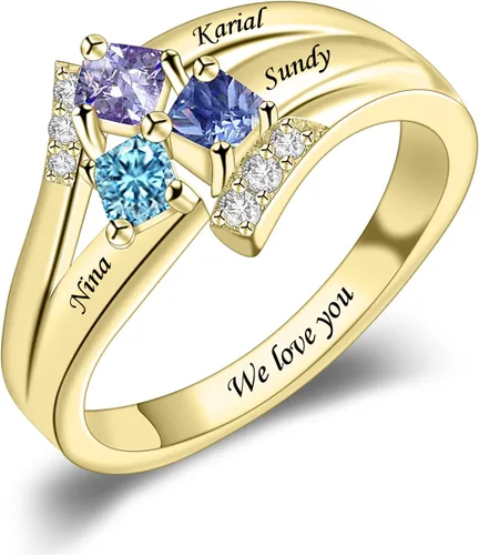 Vista 4 de MissNaNa Anillos personalizados de plata de ley 925 con piedras de nacimiento de imitación grabadas de 1 a 6 nombres de familia, anillos para el día