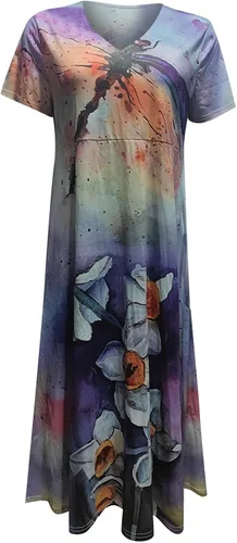Vista 4 de QFVZHY Vestidos de verano 2023 para mujer, casual, a la moda, estampado floral, manga corta, cuello en V, vestidos con vuelo, tallas S-2XL
