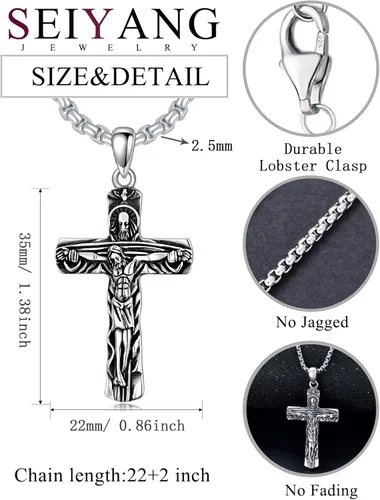 Vista 2 de Seiyang Collar de cruz de plata de ley 925 con colgante de crucifijo Ankh para hombres y mujeres, con cadena Rolo de 0.079 in, 22 pulgadas + 2