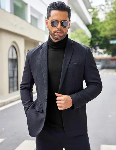 Vista 4 de COOFANDY Camisetas de manga larga con cuello alto para hombre, ajustadas, acanaladas, básicas, suéter de punto ligero