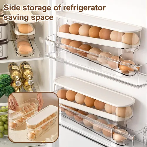 Vista 4 de Soporte para huevos para nevera, organizador de huevos para refrigerador de desplazamiento automático para huevos, dispensador rodante, contenedor