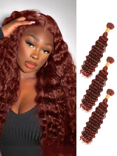 Vista 43 de Cabello Humano Rizado Castaño Rojizo, Trama Gruesa Castaño Cobrizo Rojo Coloreado Ondas Profundas Paquetes Individuales Cabello Humano 12A Tejido