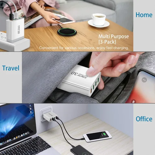 Vista 3 de iSeekerKit Paquete de 3 adaptadores de cargador de pared USB 3.0 de 4 puertos, bloque de carga rápida, compatible con Samsung Galaxy S10 S9 S8/Note