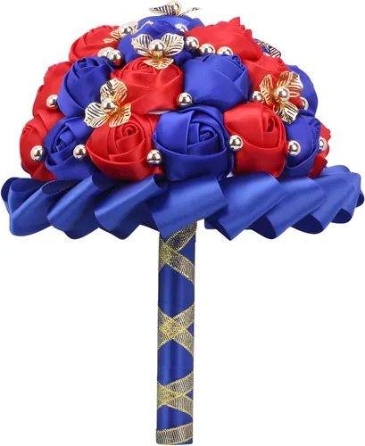 Vista 17 de Ramo de boda de 7 pulgadas, ramo de flores de satén para dama de honor, botón dorado, ramo de flores artificiales para bodas en interiores Negro