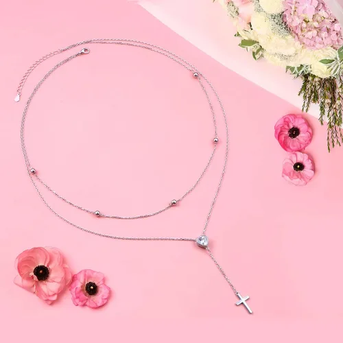 Vista 6 de FLYOW Collar en capas de plata de ley S925 con lágrima, doble gargantilla Y Lariat, collar de cadena larga, regalos de cumpleaños y Navidad