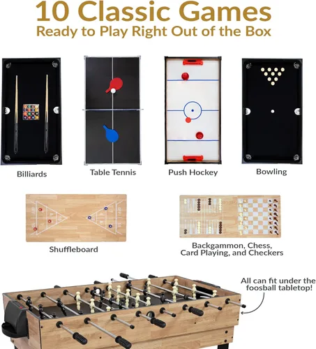 Vista 4 de Sunnydaze - Mesa de juego 10 en 1 combinada, mesa de juegos múltiples con billar, hockey de empuje, futbolín, ping pong, ajedrez, damas, backgammon