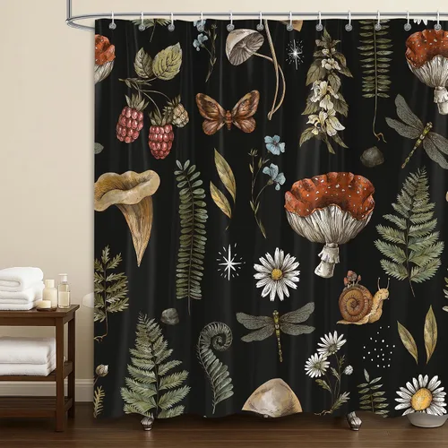 Vista 20 de Cortina de Ducha de Hojas Tropicales, Cortina de Baño Decorativa Verde y Negra con Hojas de Palmera y Plátano, Juegos de Cortinas de Ducha de Tela