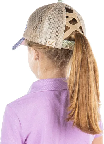 Vista 2 de Funky Junque Gorra de béisbol para niña con diseño de moño desordenado, cola de caballo alta para niños