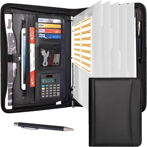 Vista 13 de Eshow Padfolio para hombres y mujeres con bolígrafo, cartera de cuero con cremallera, organizador profesional de currículum de entrevistas