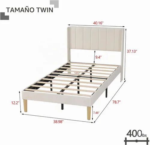 Vista 2 de Base de cama tapizada de tamaño individual con cabecero, listones de madera fuertes, no necesita somier, fácil montaje, terciopelo beige