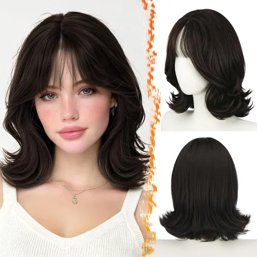 Vista 14 de BARSDAR Synthetic Short Layered Brown Highlights Bob Wig with Wispy Bangs