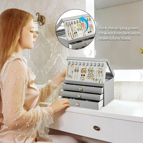 Vista 6 de ProCase Joyero para mujeres y niñas, caja organizadora de joyas grande de 4 capas con tapa de cristal, regalo de San Valentín, organizador de joyas