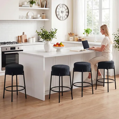 Vista 9 de Juego de 2 taburetes de bar modernos de altura de mostrador, taburetes de bar giratorios negros Boucle para isla de cocina, cómodas sillas tapizadas