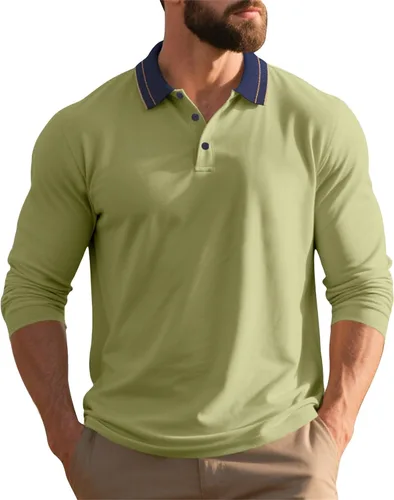 Vista 8 de Polo de manga larga para hombre, suéter clásico con botones, cuello en contraste, sudadera casual
