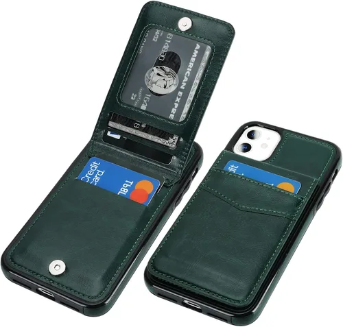 Vista 11 de KIHUWEY - Funda tipo cartera para iPhone 11, tarjetero con soporte, color negro Ranuras para tarjetas de crédito, soporte, piel sintética