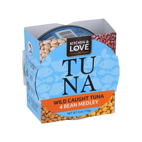 Vista 3 de Kitchen & Love Atún salvaje con lentejas, frijoles rojos, frijoles blancos y garbanzos en aceite de oliva, sin gluten, 0.78 oz de proteína por