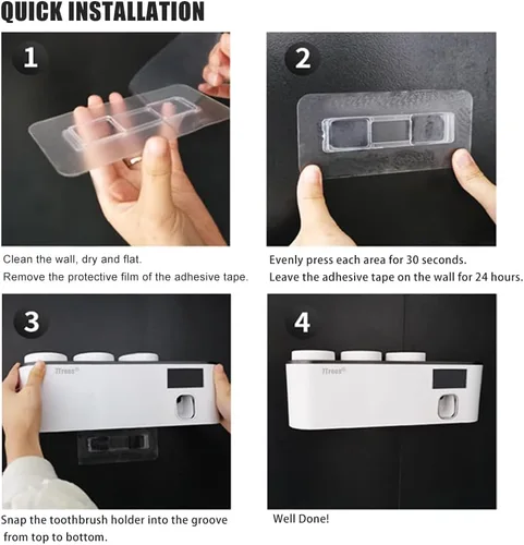 Vista 5 de Desinfectante para cepillos de dientes, soporte autoadhesivo para cepillos de dientes con 3 tazas, dispensador exprimidor automático de pasta