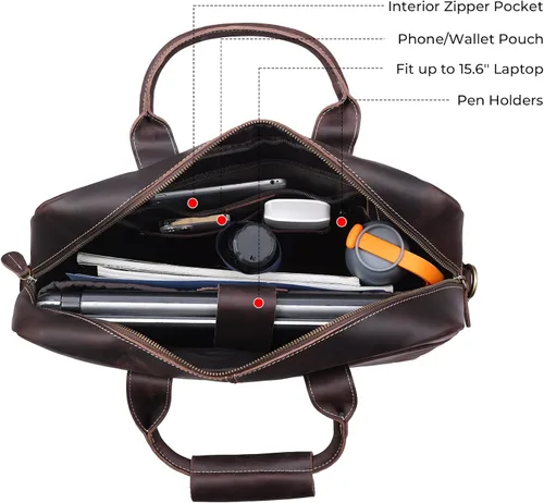Vista 8 de Maletín de cuero genuino para hombre, maletín de cuero de grano completo de 16 pulgadas, bolsa de mensajero con cremalleras de metal YKK
