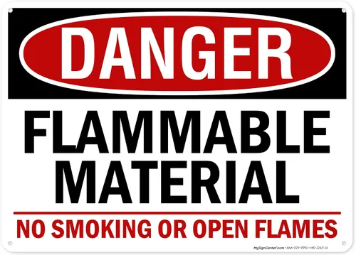 Vista 16 de Cartel de peligro de material inflamable No Smoking or Open Flames, 7 x 10 pulgadas, libre de óxido, aluminio 040, resistente a la decoloración