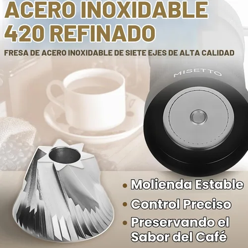 Vista 2 de MISETTO Molinillo de café manual con rebaba cónica de acero inoxidable CNC, ajuste externo ajustable, posicionamiento de doble rodamiento, café