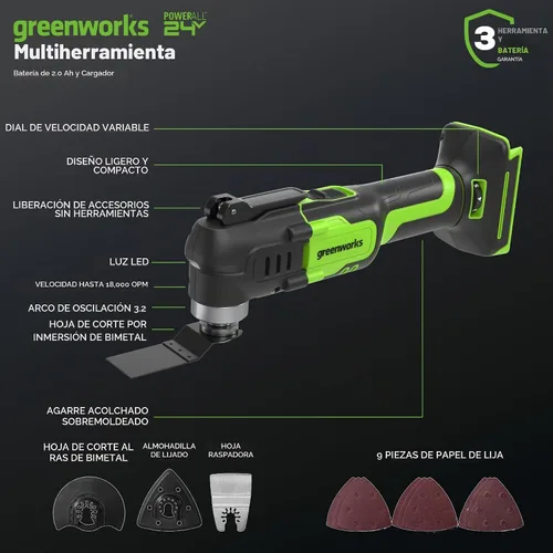 Vista 2 de Greenworks 24V - Multiherramienta inalámbrica, herramienta oscilante para cortar/clavar/raspar/lijar con control de 6 velocidades variables, batería