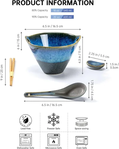 Vista 2 de Henten Home Juego de 2 cuencos de ramen de 20 onzas, cuencos de cerámica japoneses para fideos, cuencos profundos de porcelana con palillos