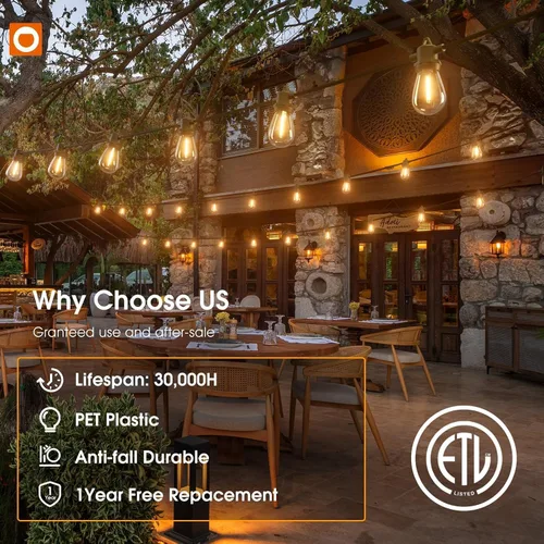 Vista 3 de addlon - Cadena de luces para exteriores de 50 pies con 16 LED Edison regulables, impermeables Shatterproof Energy-Saving Bulbs, Hanging for