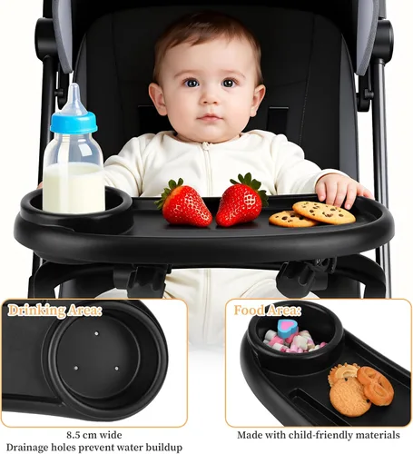 Vista 4 de Bandeja universal para refrigerios para cochecito compatible con Mockingbird y la mayoría de los demás, bandeja universal ajustable para cochecito