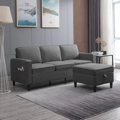 Vista 7 de Mjkone Sofá modular para sala de estar Sofá convertible de 3 plazas con 2 bolsillos laterales Sofá modular moderno con otomana de almacenamiento