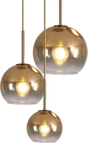 Vista 10 de KCO Iluminación - Lámpara colgante de 3 luces con globos en grupo, candelabro de cristal moderno, lámpara colgante de cristal dorado de 3 luces