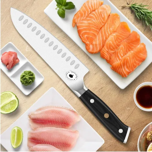 Vista 4 de Cuchillo de cocina Santoku de 7 pulgadas, cuchillo de chef japonés ultra afilado con mango de madera ergonómico, cuchillo de cocina profesional