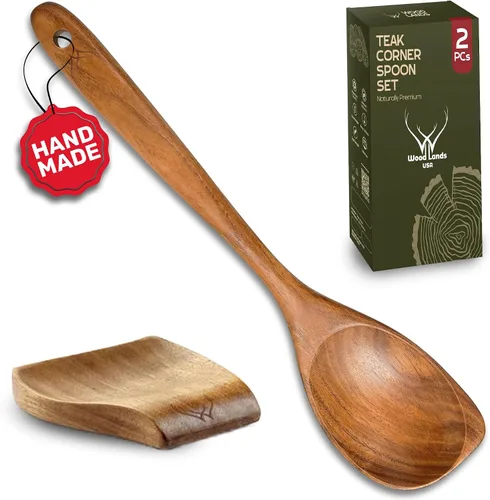 Vista 9 de Cuchara de madera de teca de mango largo de 12 pulgadas para cocinar con soporte de cuchara grande de teca, cucharas de madera de primera calidad
