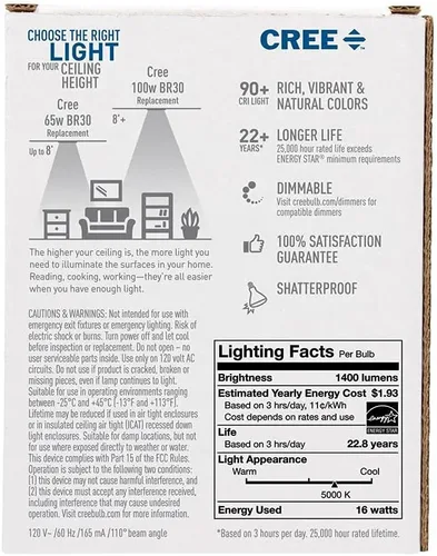 Vista 5 de Bombilla LED Cree TBR30-06550FLFH25-12DE26-1-E1 BR30 equivalente a 65 W, luz diurna