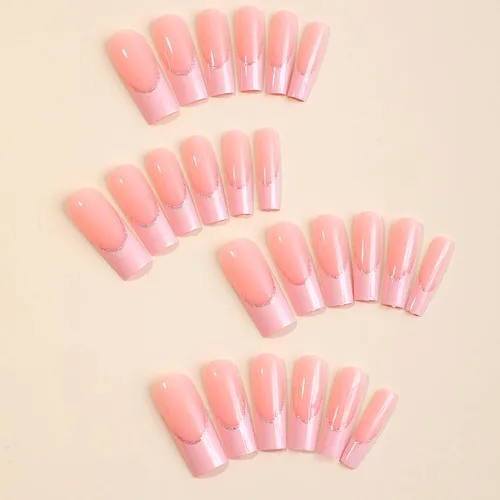 Vista 4 de 24 piezas de uñas postizas largas a presión de verano, uñas postizas de punta francesa, uñas postizas con purpurina rosa, diseños de puntas de uñas